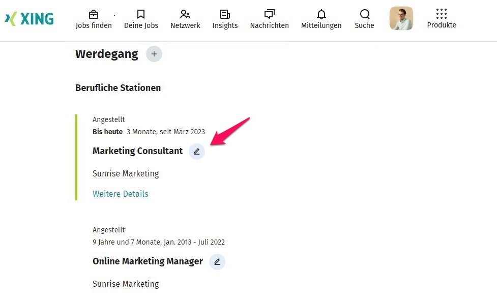 Einen Berufseintrag bearbeiten