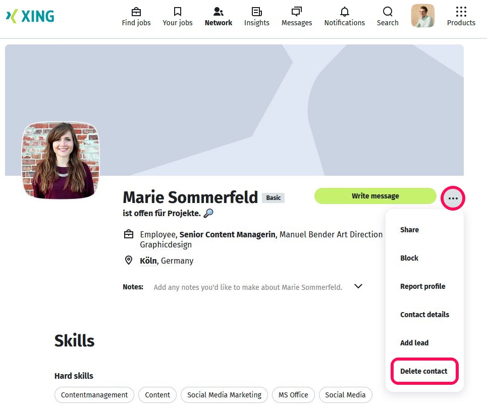 Delete contact on profile
