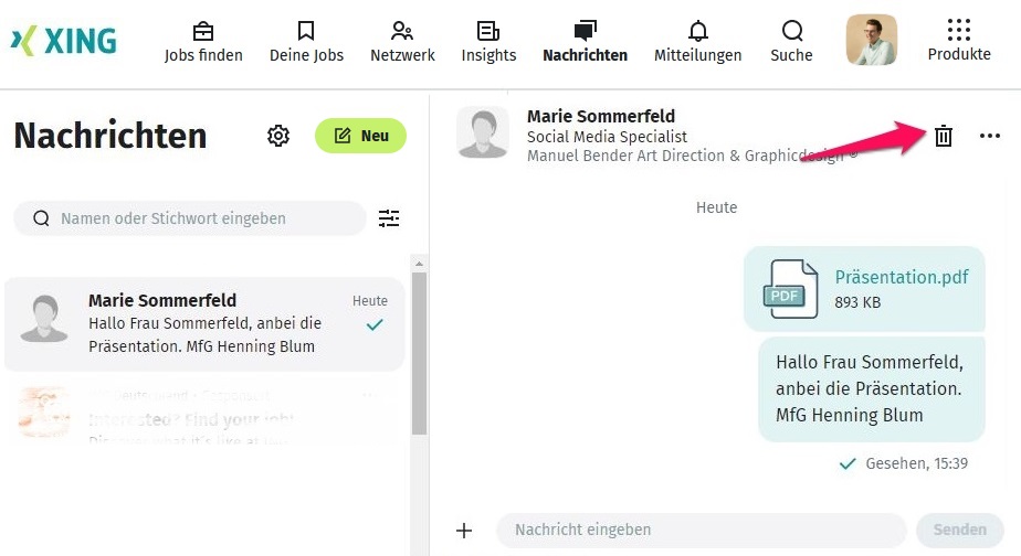 Nachricht löschen auf XING Webseite