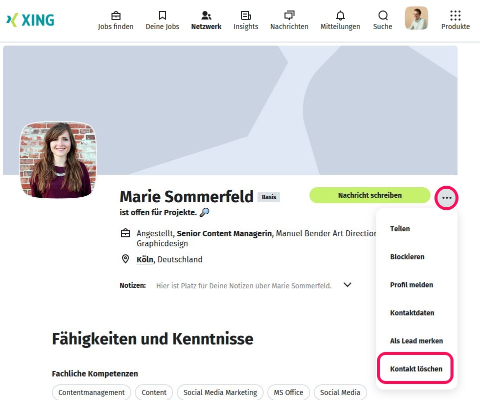Kontakt löschen auf der Profilseite