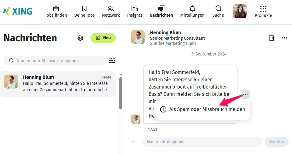 XING Nachrichten-Nachricht als Spam melden