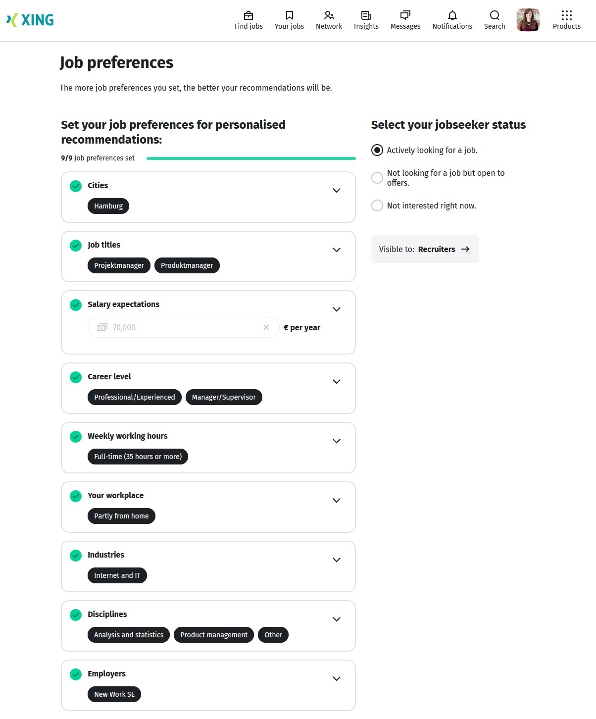 XING job preferences